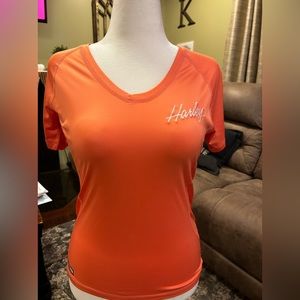 HARLEY DAVIDSON 100% polyester orange v neck ladies top perfect for layering